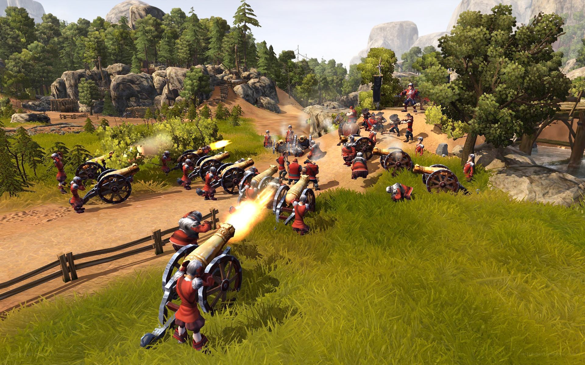 Cannon battle in forested valley