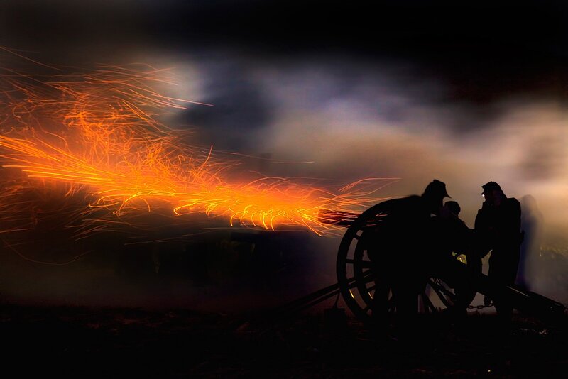 Cannon firing at night