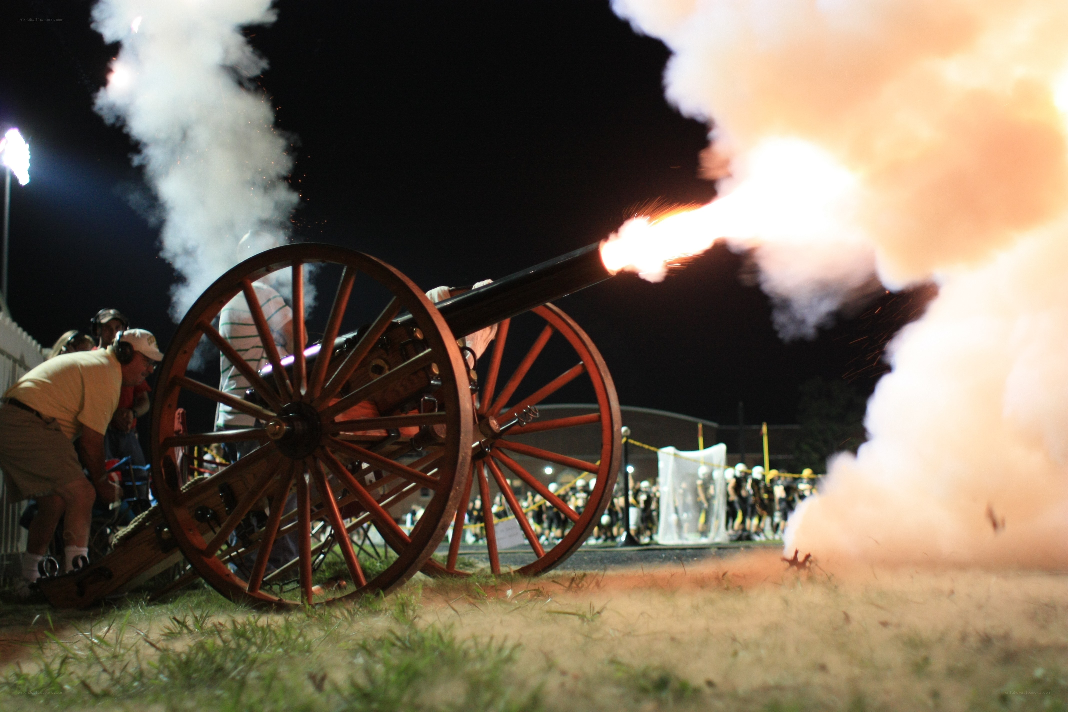 Cannon firing at night