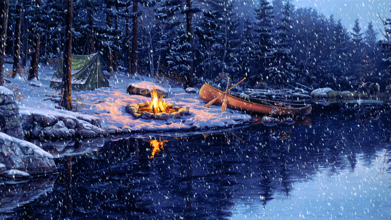 Canoe and Campfire in Snow