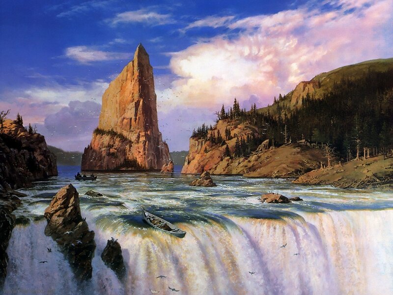 Canoe at a waterfall