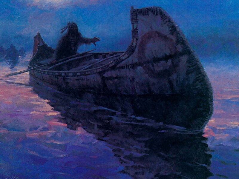 Canoe at dusk with figure