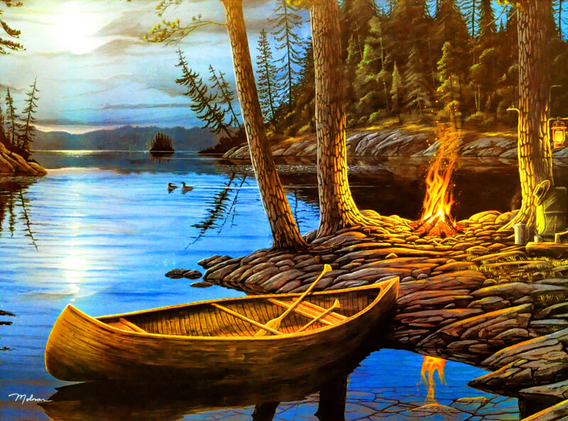 Canoe at Lakeside Campfire — Blue