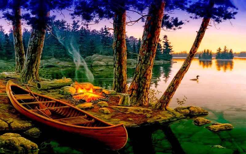 Canoe at Lakeside Campfire — Green