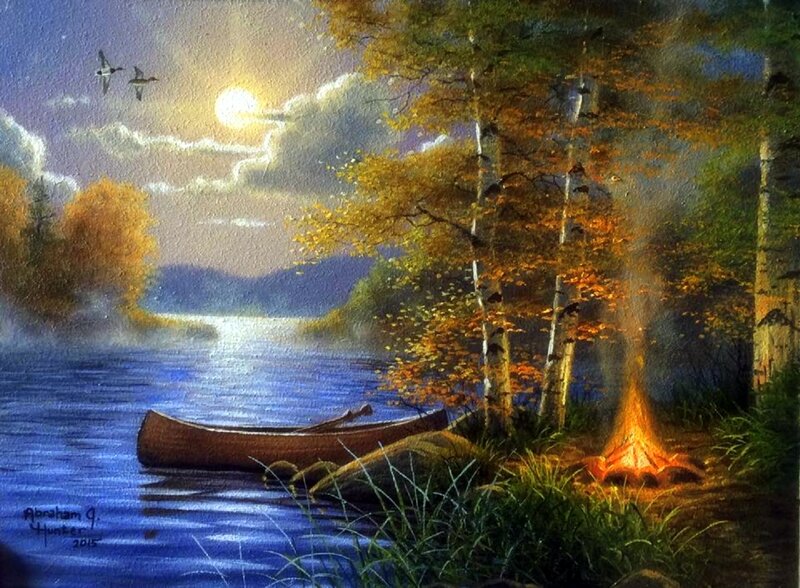 Canoe by Campfire — Blue, Serene, Night, Painting