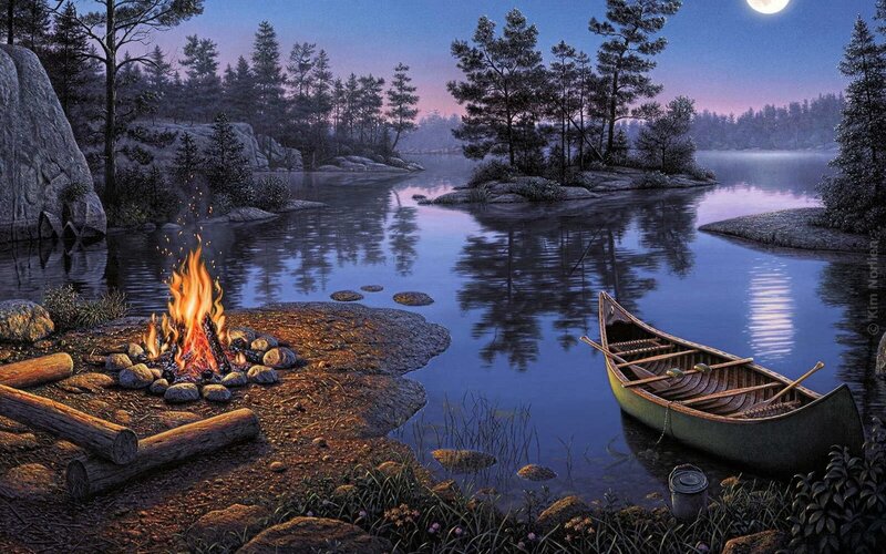 Canoe by Campfire — Blue, Serene, Night