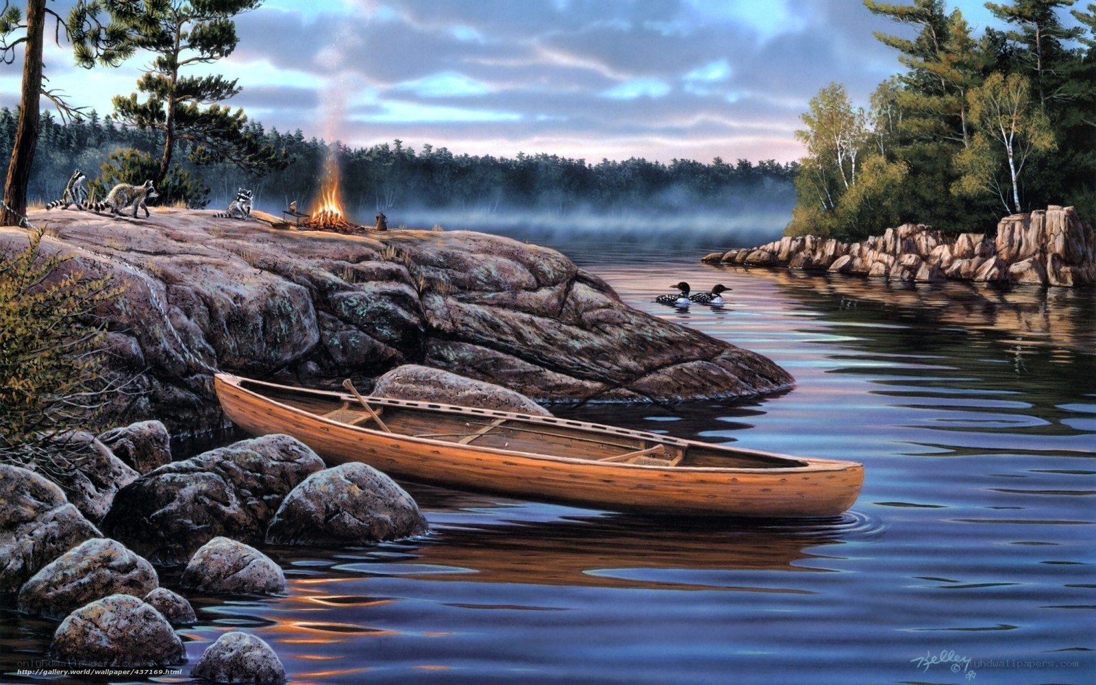 Canoe by lakeside campfire