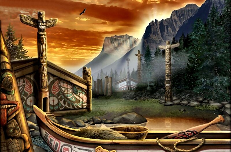 Canoe Near Totem Poles — Orange