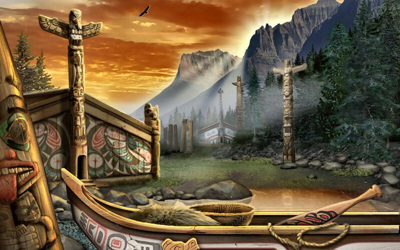 Canoe Near Totem Poles