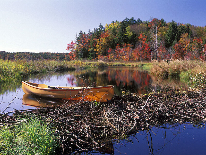 Canoe on a calm autumn lake