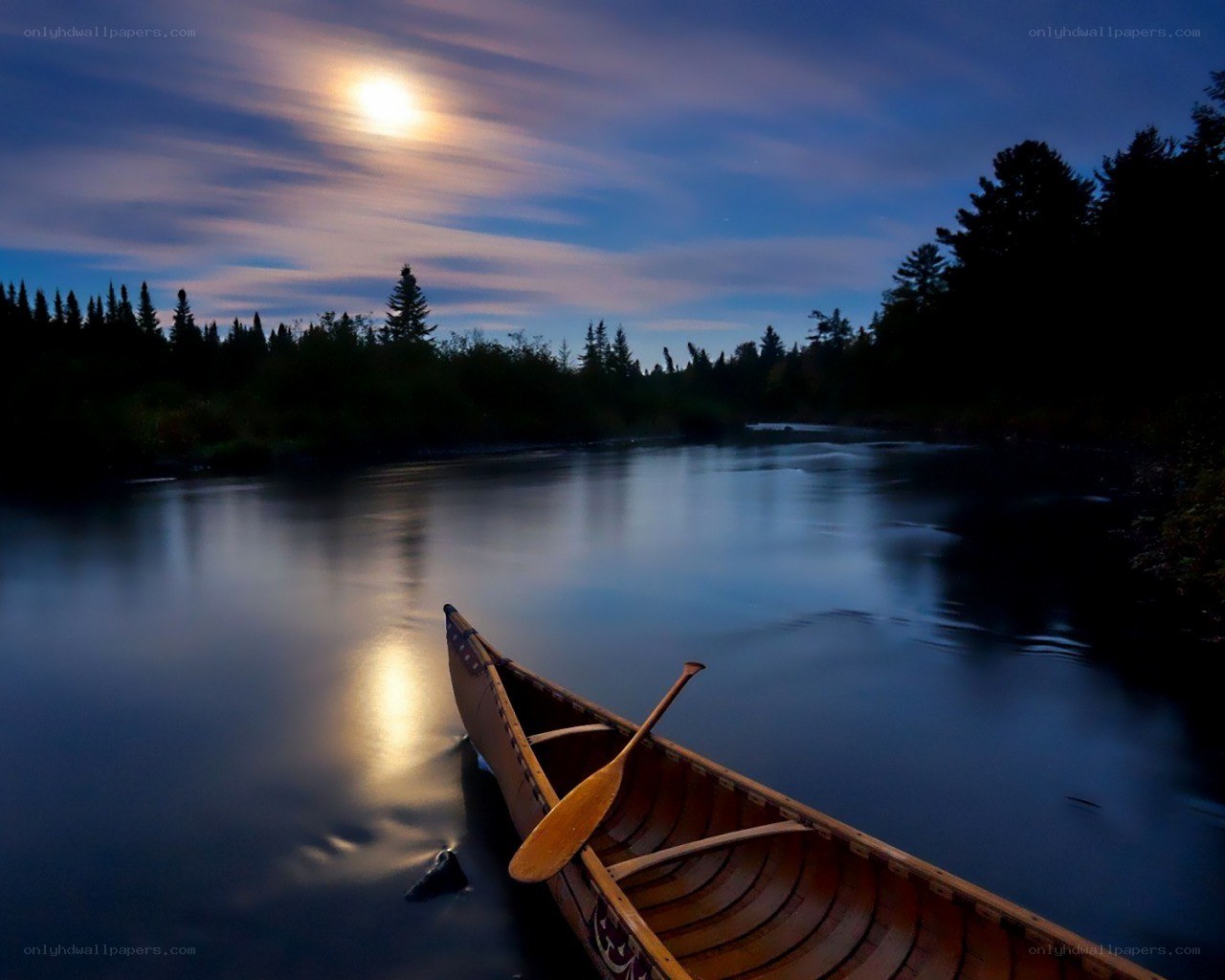 Canoe on a moonlit river