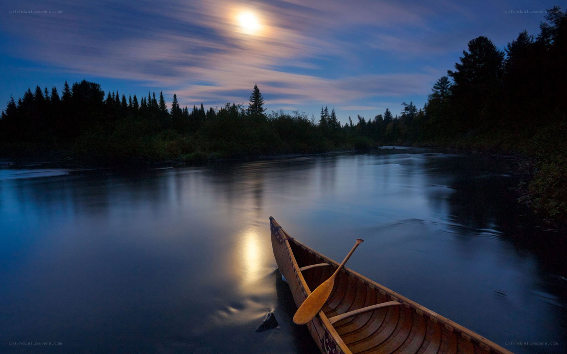 Canoe on a moonlit river