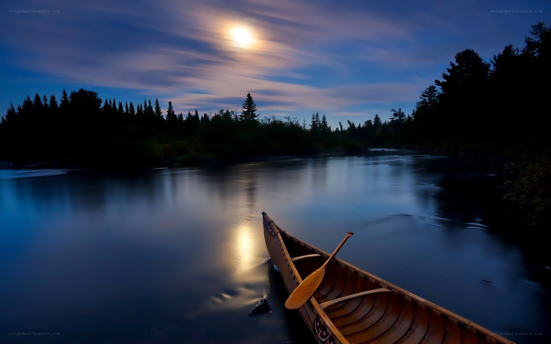 Canoe on a moonlit river