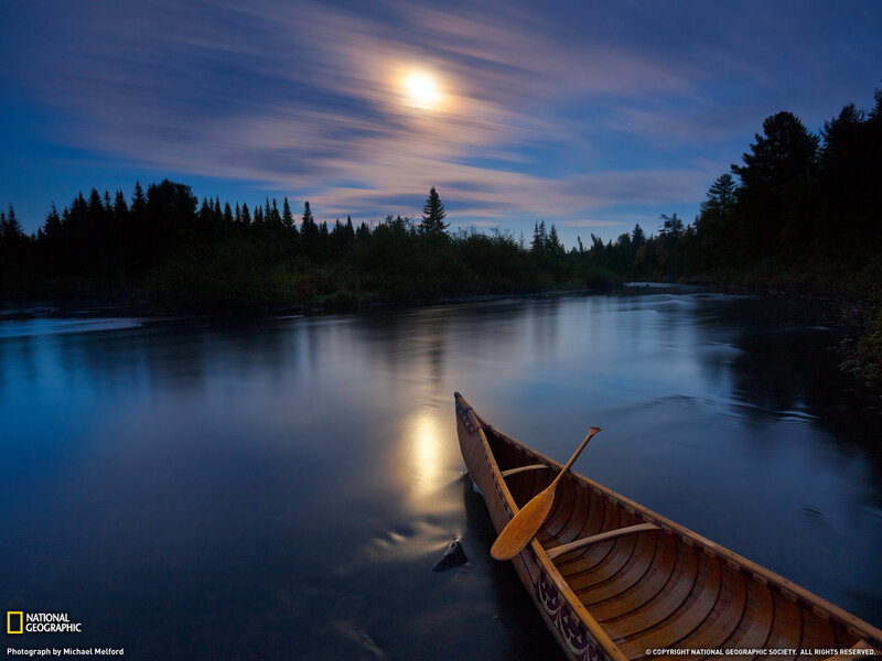 Canoe on a River — Blue, Serene, Night, Photograph, Moon, Trees