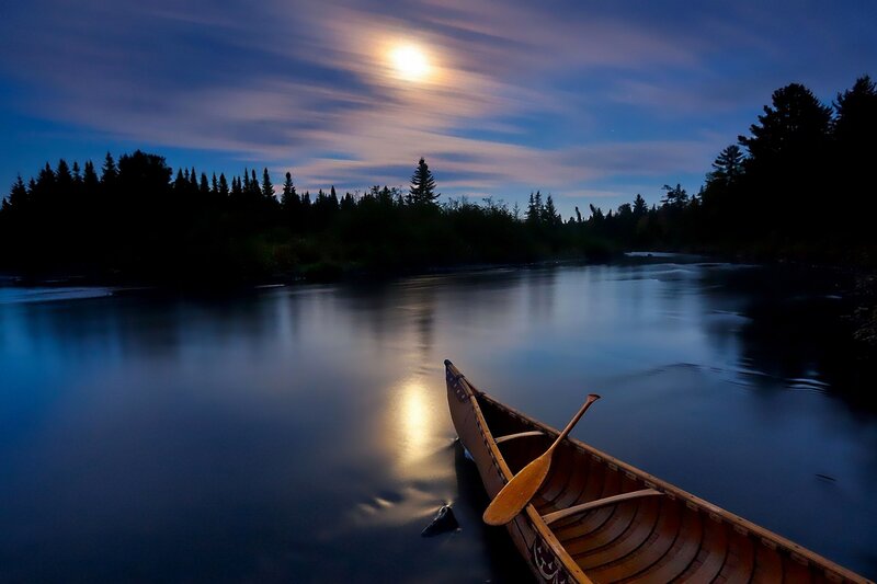 Canoe on a River — Blue, Serene, Night