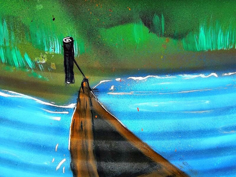 Canoe on a River — Blue, Serene, Painting