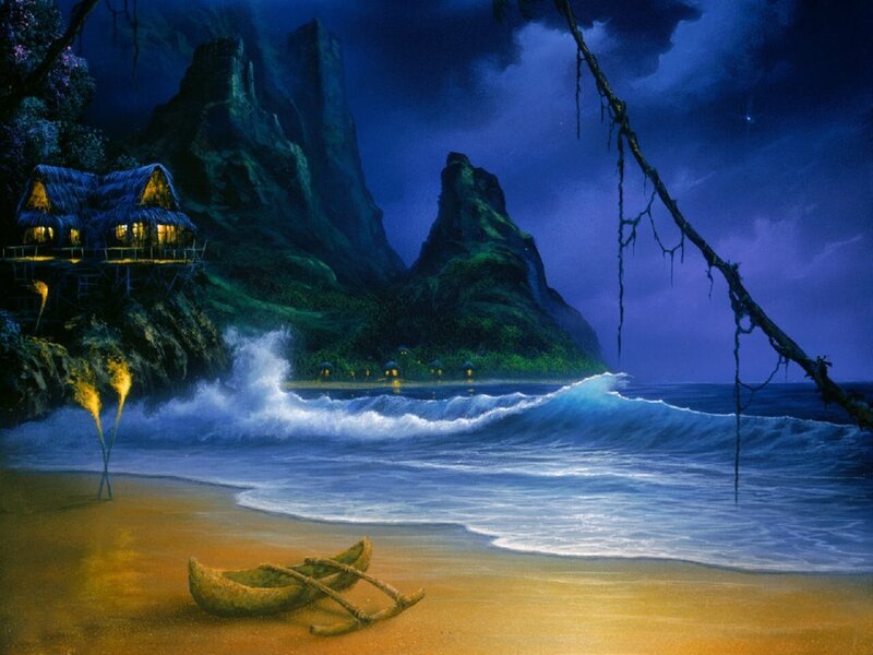 Canoe on Beach at Night — Blue