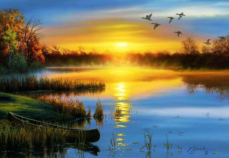 Canoe on Lake at Sunset — Blue, Serene, Painting, Birds, Trees