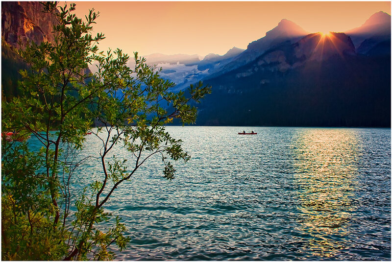 Canoe on Lake at Sunset — Blue