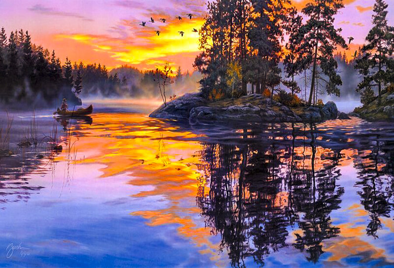 Canoe on Lake at Sunset — Orange, Serene