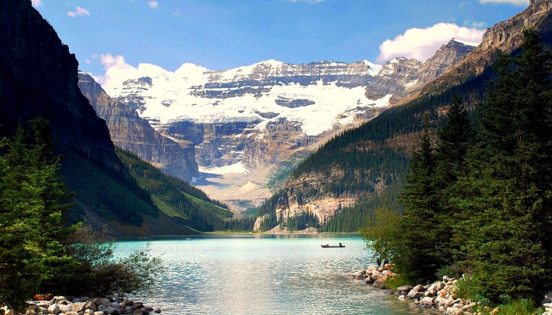 Canoe on Lake — Blue, Serene, Afternoon, Photograph, Mountains