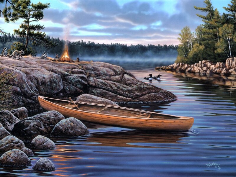 Canoe on Lake Shore — Blue, Serene, Sunset, Painting, Campfire, Ducks