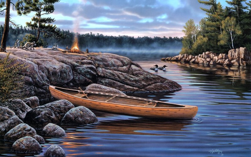 Canoe on Lake Shore — Blue, Serene, Sunset, Painting, Campfire, Loons