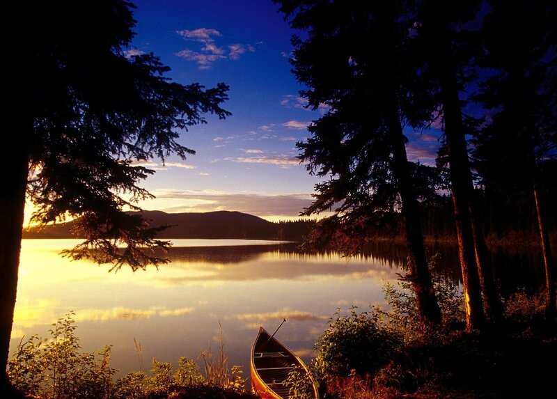Canoe on Lake Shore — Blue, Serene