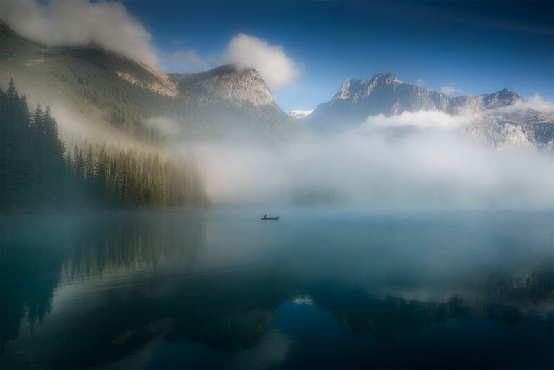 Canoe on Misty Lake — Blue