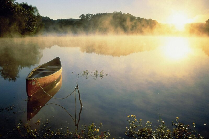 Canoe on Misty Lake — Gold
