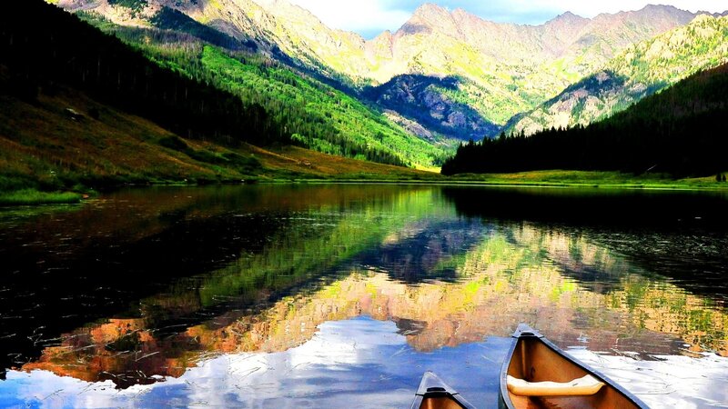 Canoe on Mountain Lake — Green, Serene