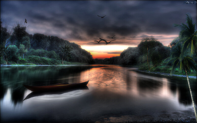 Canoe on River at Dusk