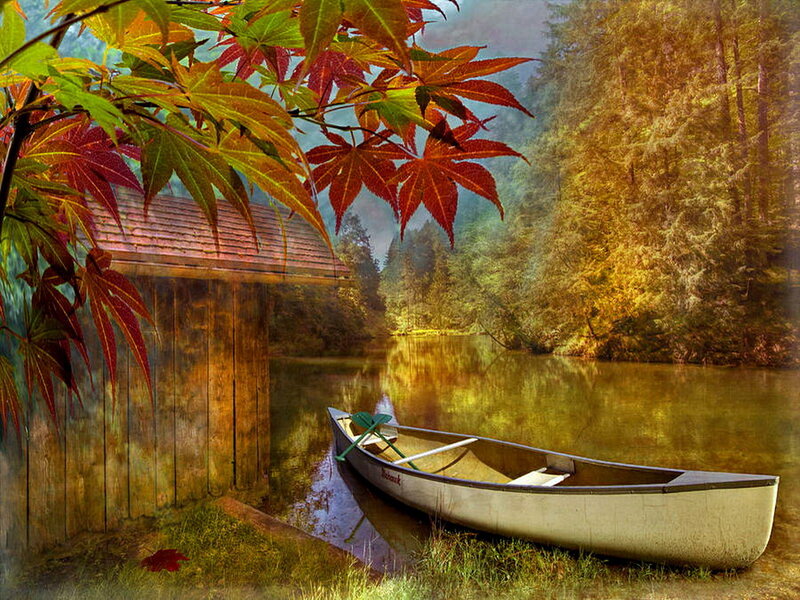 Canoe on Riverbank — Red