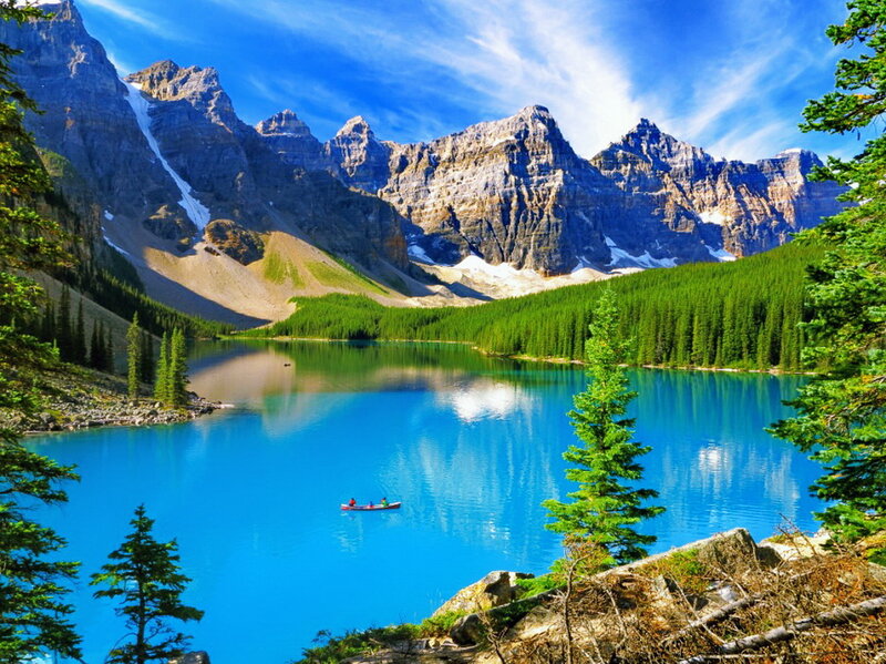 Canoe on Turquoise Lake — Blue, Serene, Afternoon, Photograph, Mountains, Forest