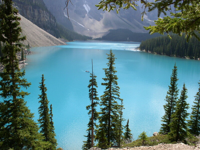 Canoe on Turquoise Lake — Blue, Serene, Afternoon, Photograph