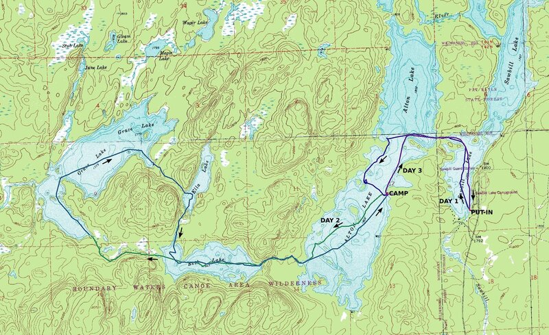 Canoe route map in Boundary Waters