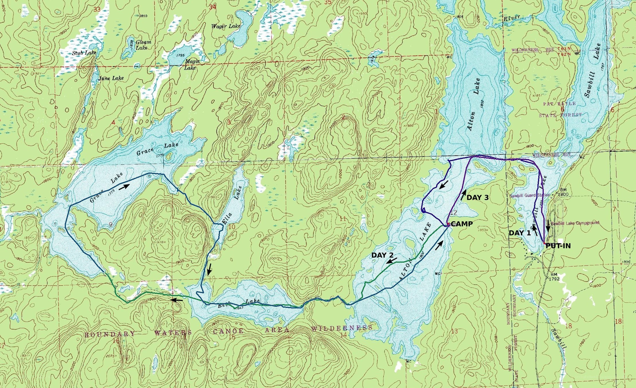 Canoe route map in Boundary Waters