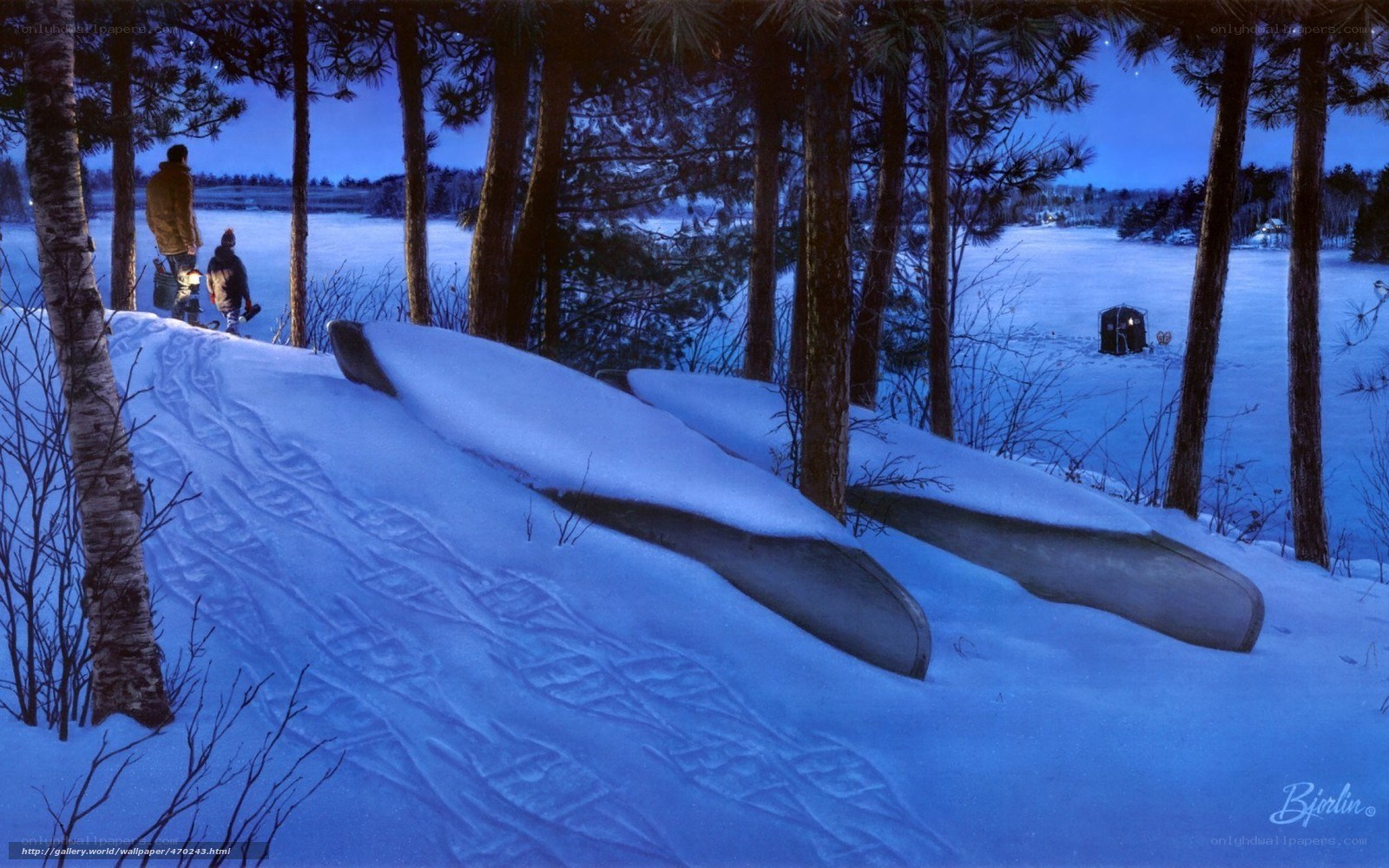 Canoeing in winter forest