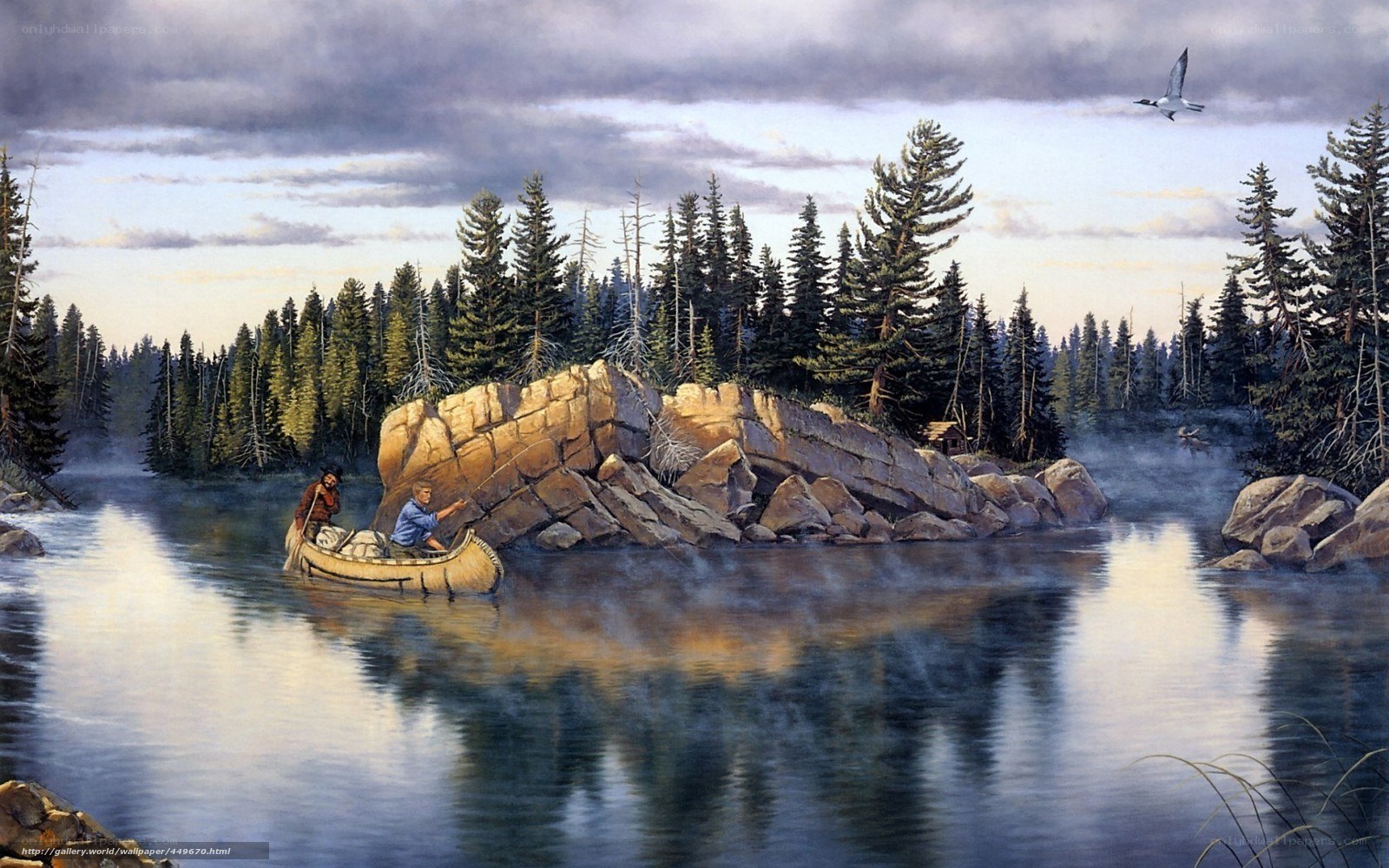 Canoeing on a misty lake