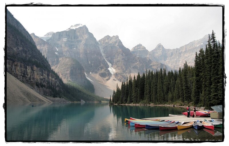 Canoes at Mountain Lake — Blue, Serene, Afternoon, Photograph