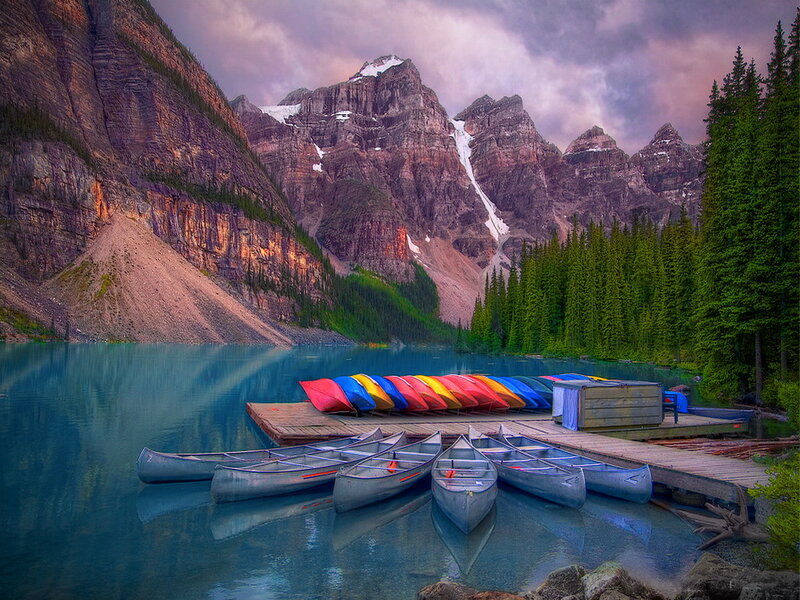 Canoes at Mountain Lake — Blue, Serene, Sunset