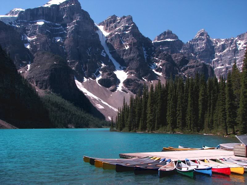 Canoes at Mountain Lake — Blue, Serene