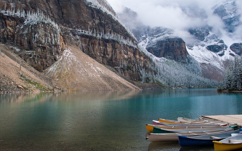 Canoes at Mountain Lake — Blue, Serene, Winter
