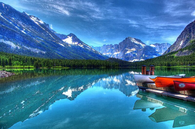 Canoes at Mountain Lake — Blue