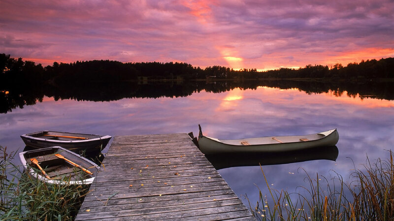 Canoes at Wooden Dock — Purple, Serene