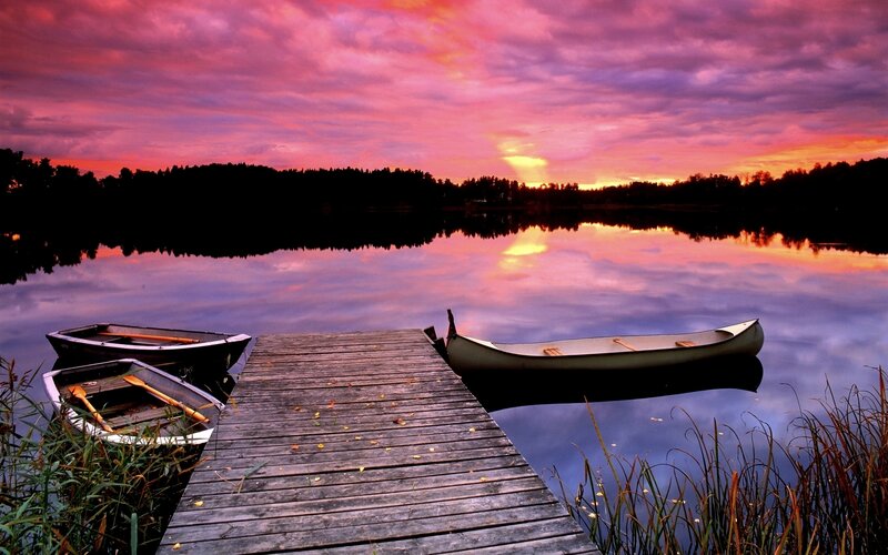 Canoes at Wooden Dock — Purple