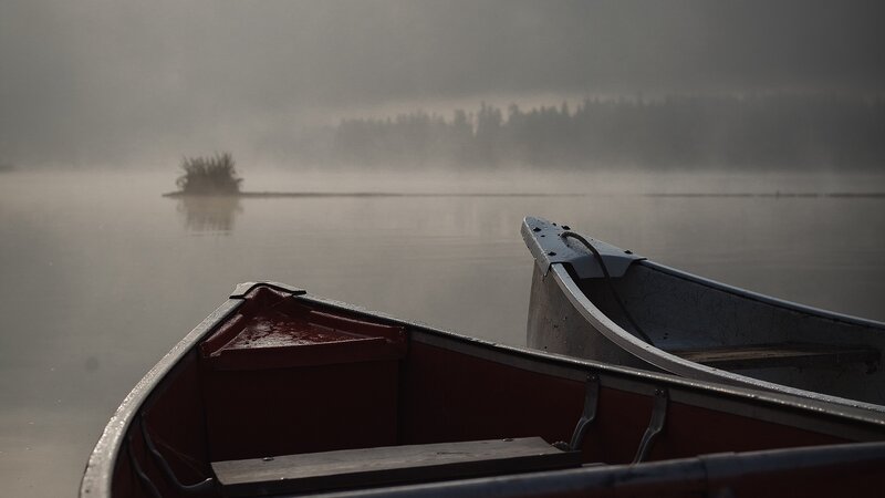 Canoes on a Misty Lake — Gray