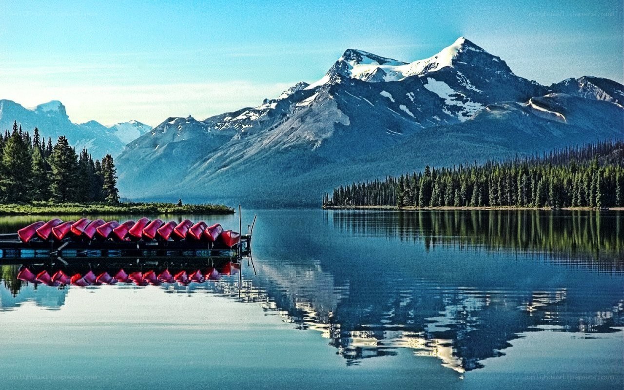 Canoes on a mountain lake