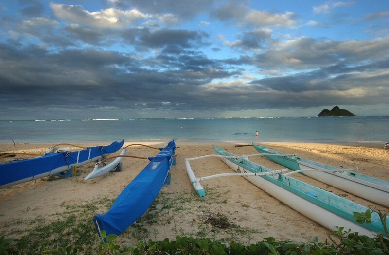 Canoes on Beach — Blue