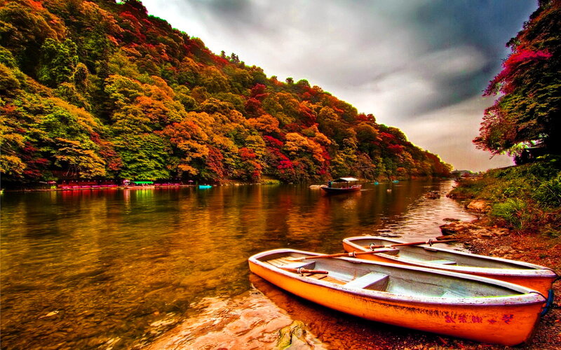 Canoes on Riverbank — Orange